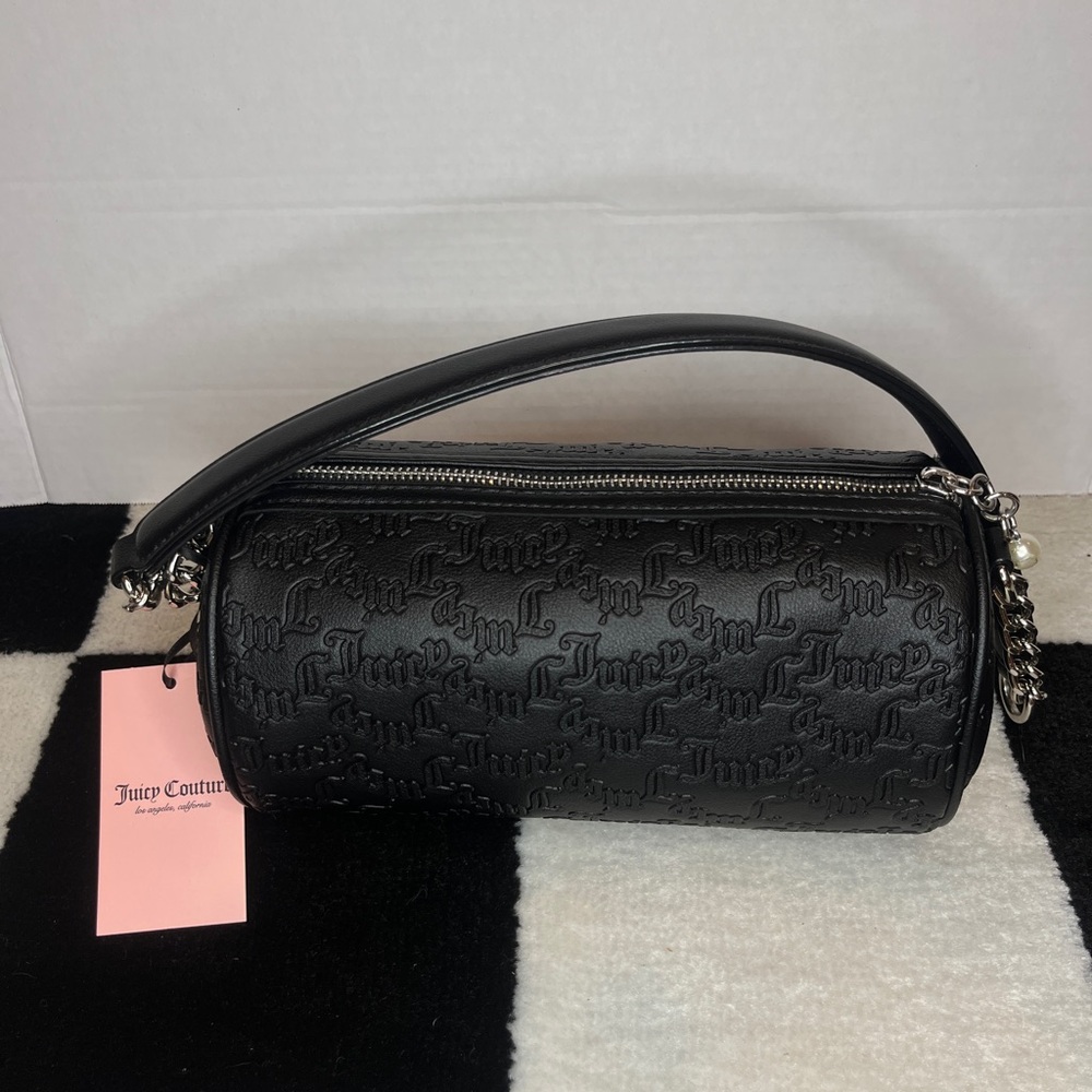 Juicy Couture Black Barrel Shoulder Bag Rhinestone Pearl Logo & Chain Strap - Picture 8 of 10